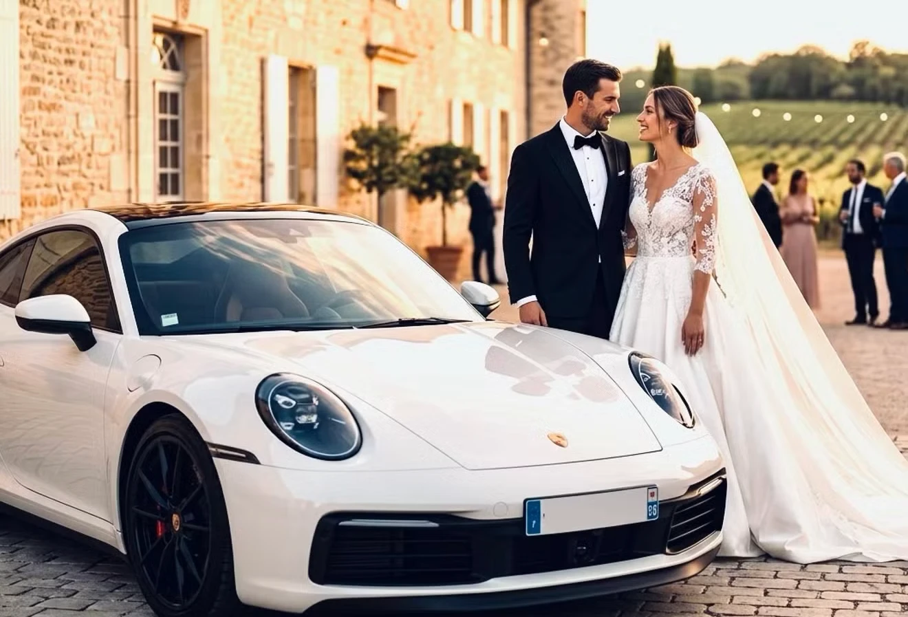 Mariés souriants près d’une Porsche 911 blanche, location de voiture de mariage à Marseille